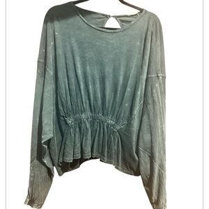 easel Washed Green Long Sleeve Peplum Top
